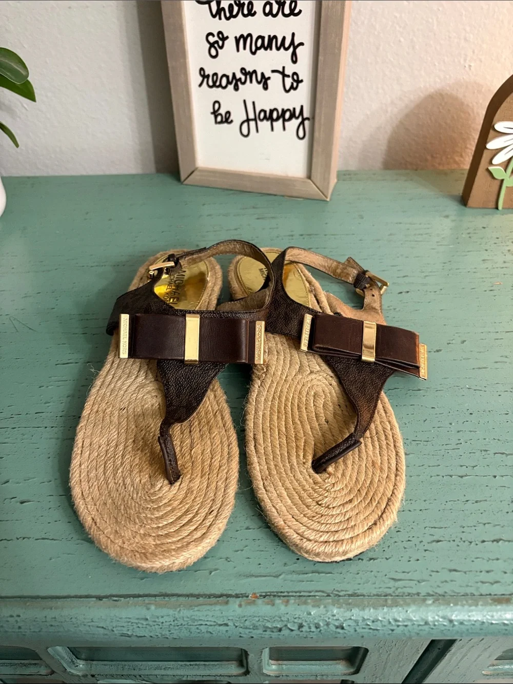 Michael Kors Brown and Gold Jute Thong Sandals